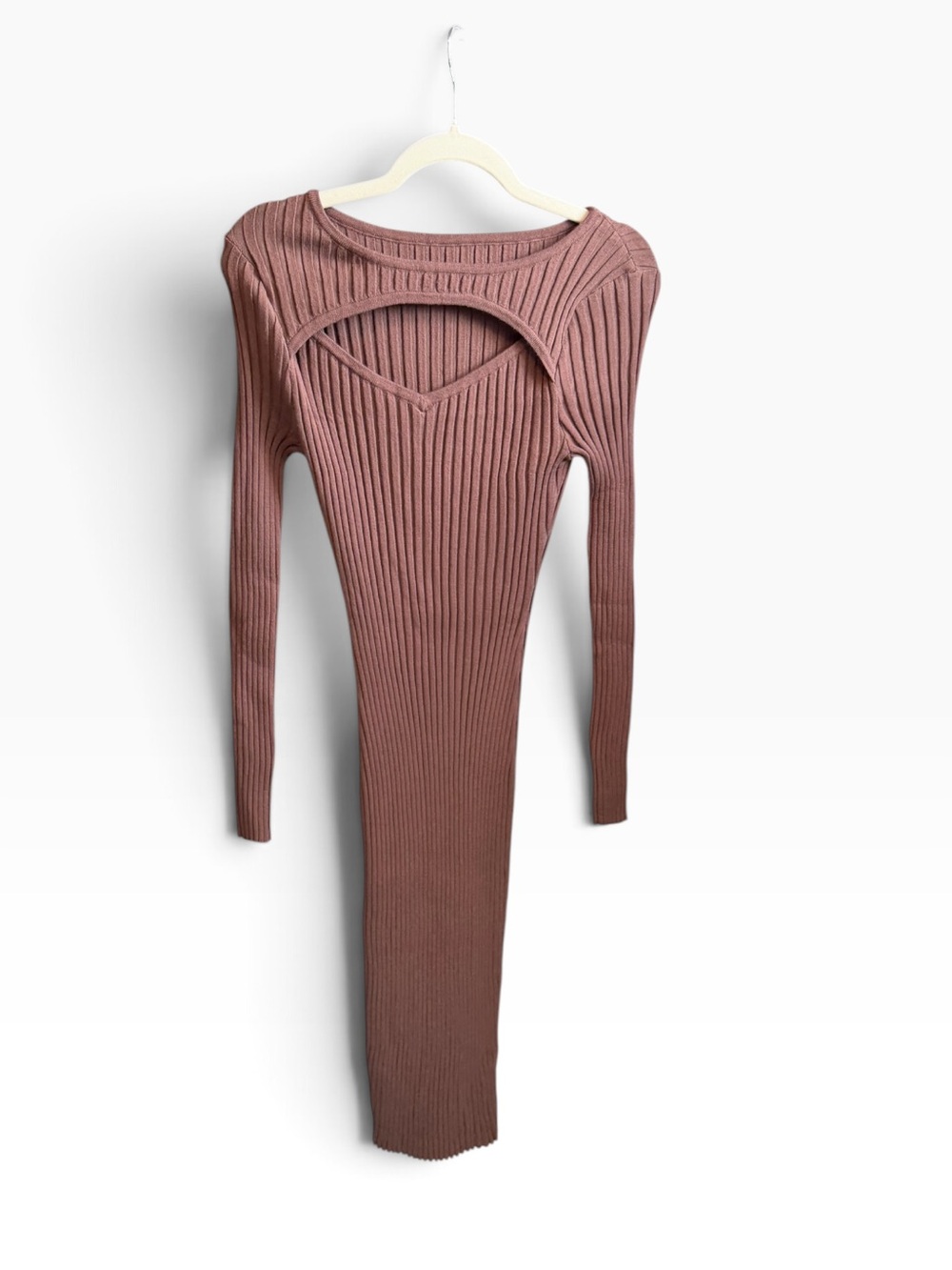 Ribbed Long Sleeve Cutout Midi Dress - Dusty Rose